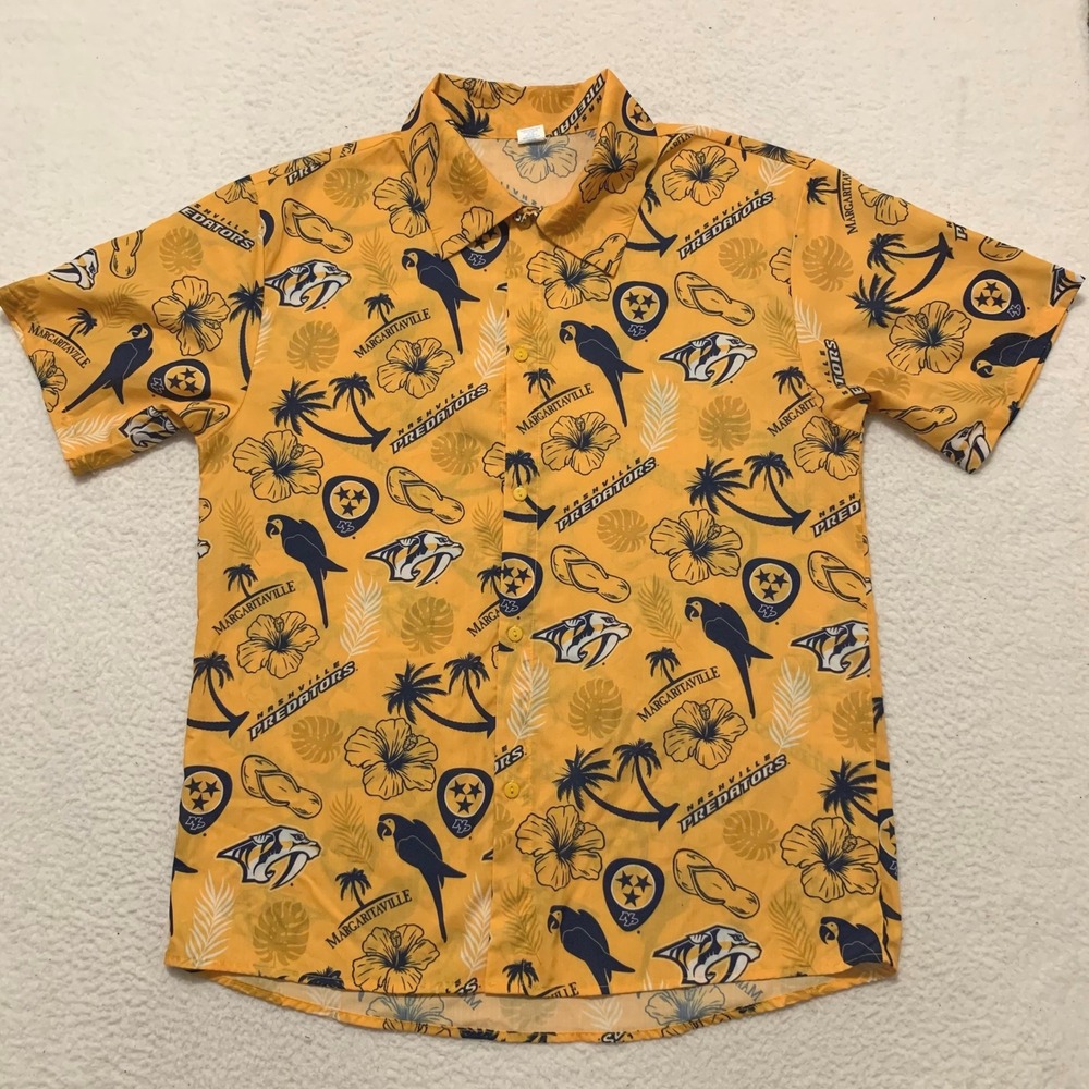 Margaritaville Nashville Predators Aloha Shirt Mens M Tropical Beach NHL Gold